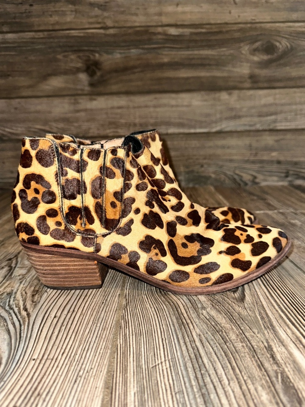 Joie Barlow Leopard Print Ankle Boot in Tan and Black Calf Hair Stacked Heel 9